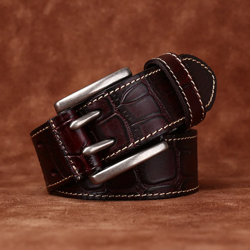 Men's Retro Trend Crocodile Pattern Embossed Cowhide Double Needle Buckle Belt Man Genuine Leather Versatile Casual Jeans Strap
