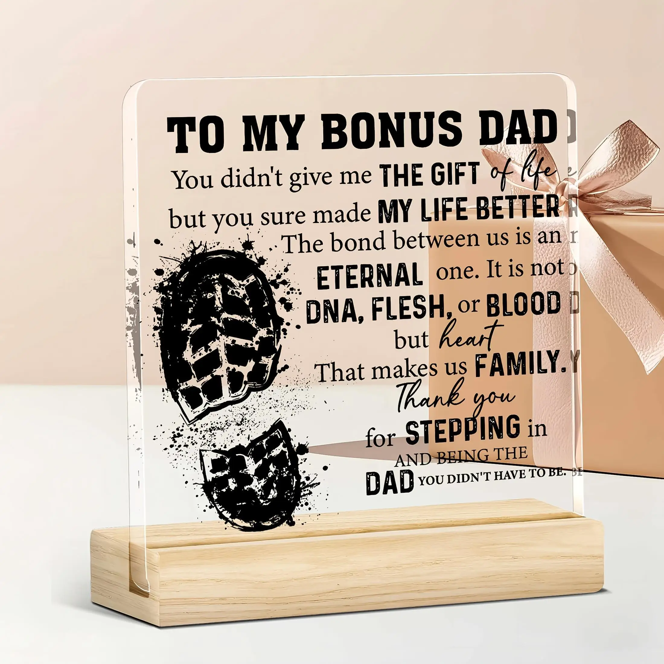 Sentimental Bonus Dad Acrylic Plaque Stepdad Gift for Fathers Day or Birthday with Footprints and Love Message Home Office Decor