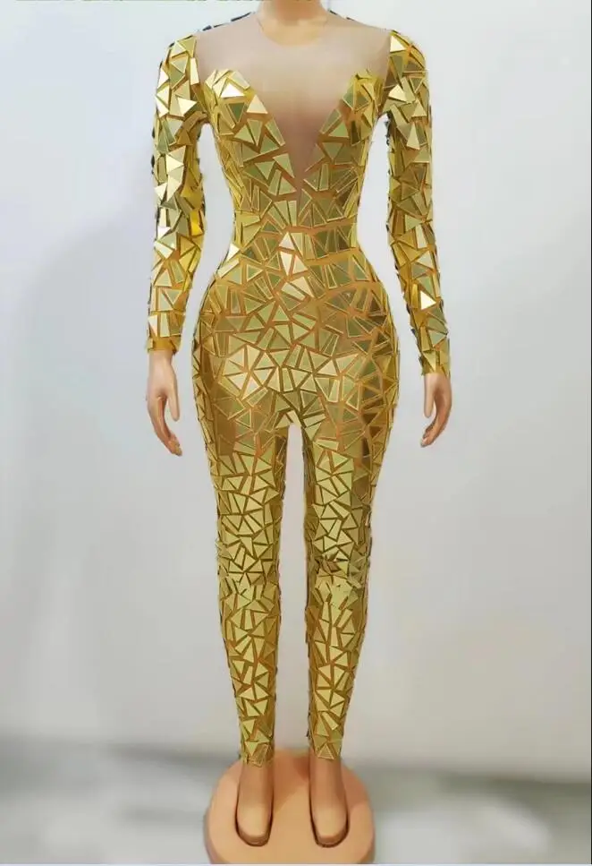 Gold Blue Red Flashing Full Mirrors Long Sleeves Transparent Jumpsuit Birthday Celebrate Costume Evening Women Dance Bodysuit