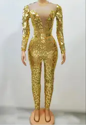 Gold Blue Red Flashing Full Mirrors Long Sleeves Transparent Jumpsuit Birthday Celebrate Costume Evening Women Dance Bodysuit