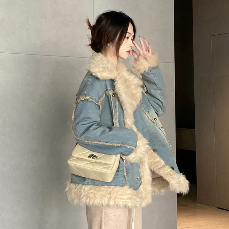 Winter New American Women's Denim Wool Collar Jacket Top Lamb Fleece Coat Fashion Thickened Wool Inner Warm Denim Jacket Exterior