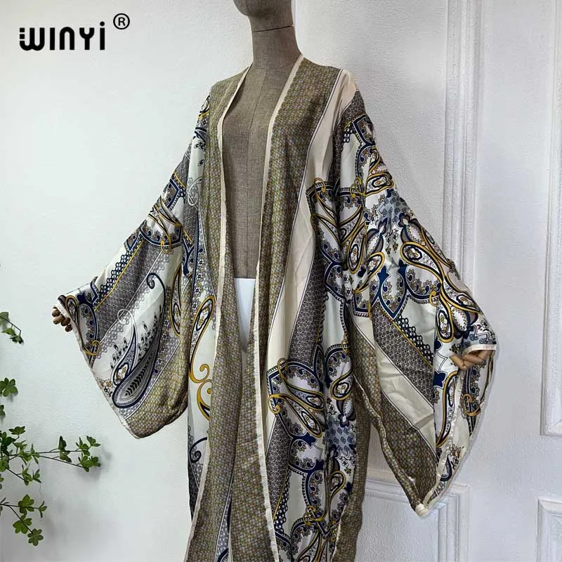 WINYI 2024 summer kimono boho print beach cover up Swim Suit elegant African women boho Cardigan sexy Holiday silk feeling dress