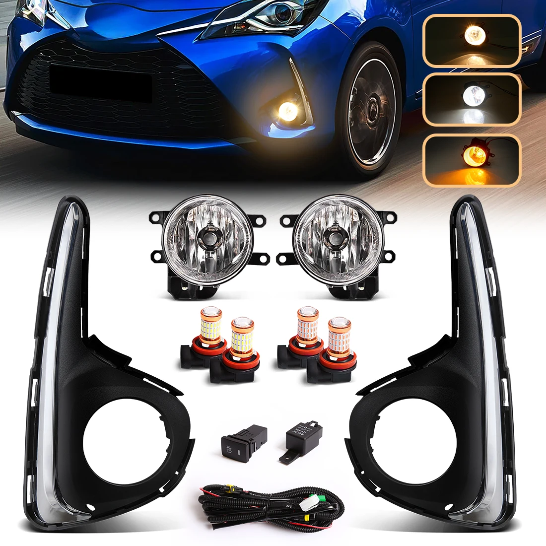 

For Toyota Yaris Vitz 2018 Halogen Fog Lights White or Yellow Fog Lamp with High Density LED Beads LED Daytime Running Lights