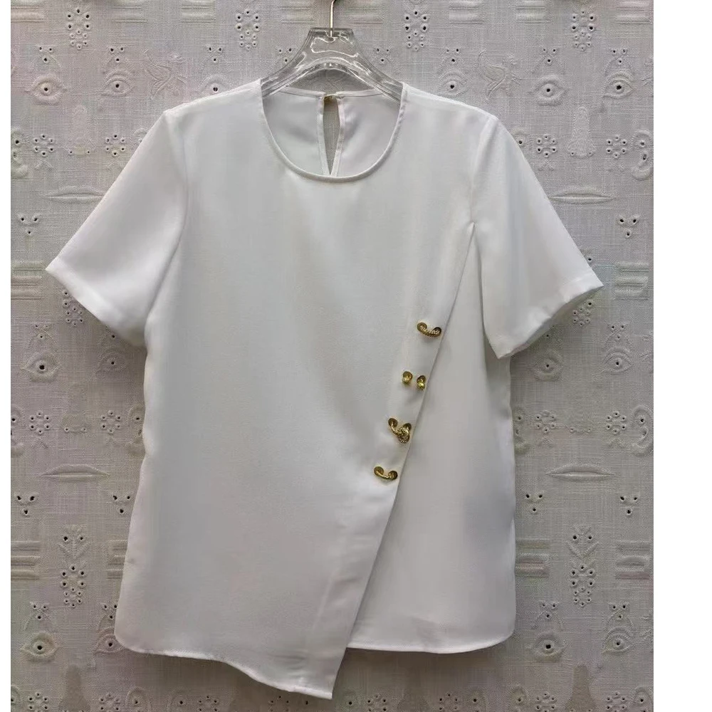 High Street Women's Summer Gold Diamond Ring Decoration Round Neck Short Sleeved T-shirt Slim Fit Threaded Cotton Tshirt Top