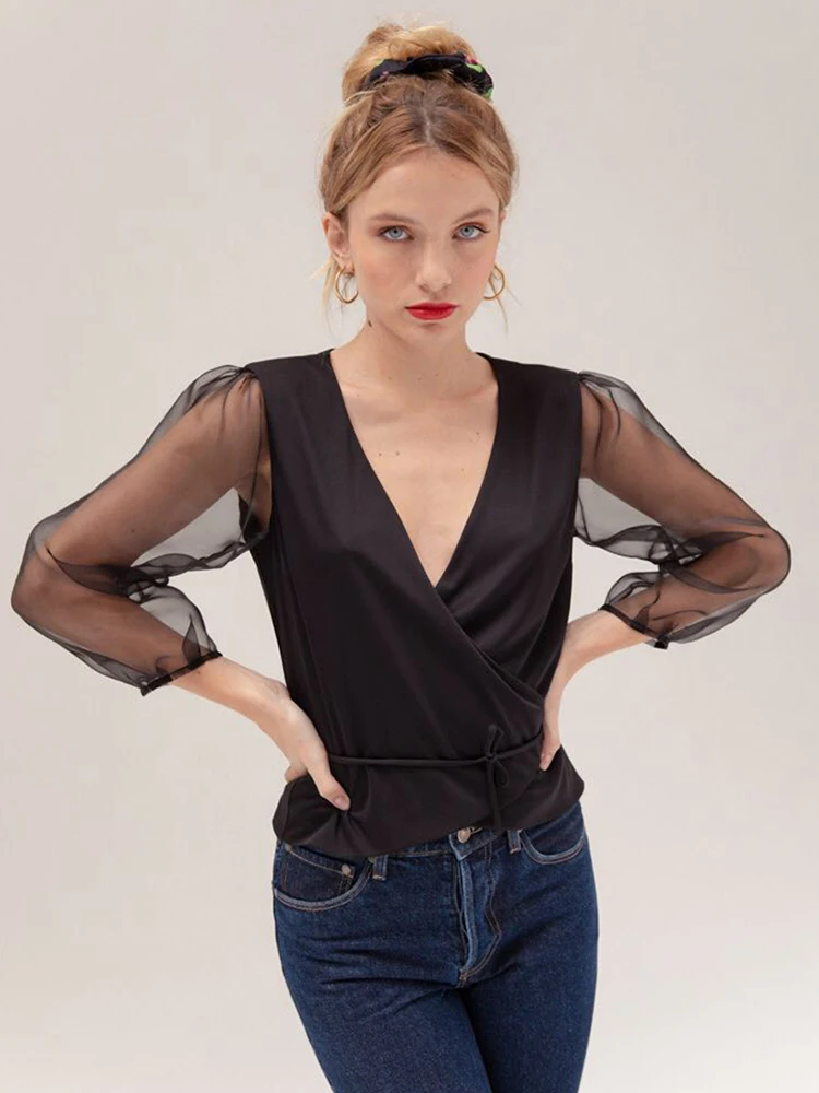 

Fashionable Street Style V-Neck Ogees Splice Long Sleeve Black Shirt Sexy Transparent Design Summer Top for Women Polyester F...