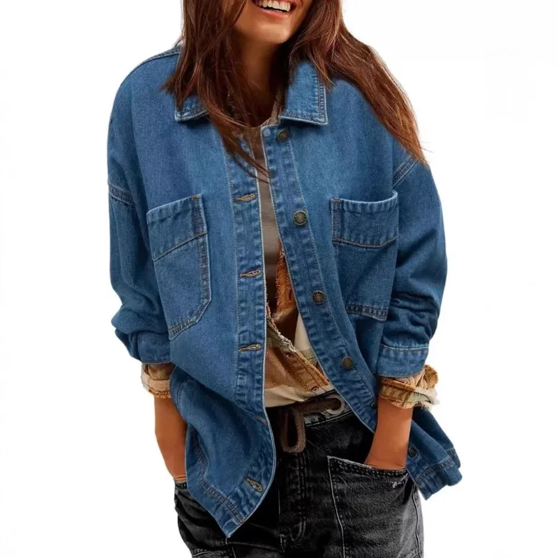 

Повседневная джинсовая куртка Long Sve для женщин, тонкая верхняя одежда с разрезом на пуговицах и дизайном Briti Sle для повседневной носки