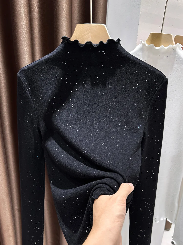 

Women's Thiened f-High Collar Double-Sided Woolen Base irt Korean Sle Warm Fce Lined Brued Inner Wear Top