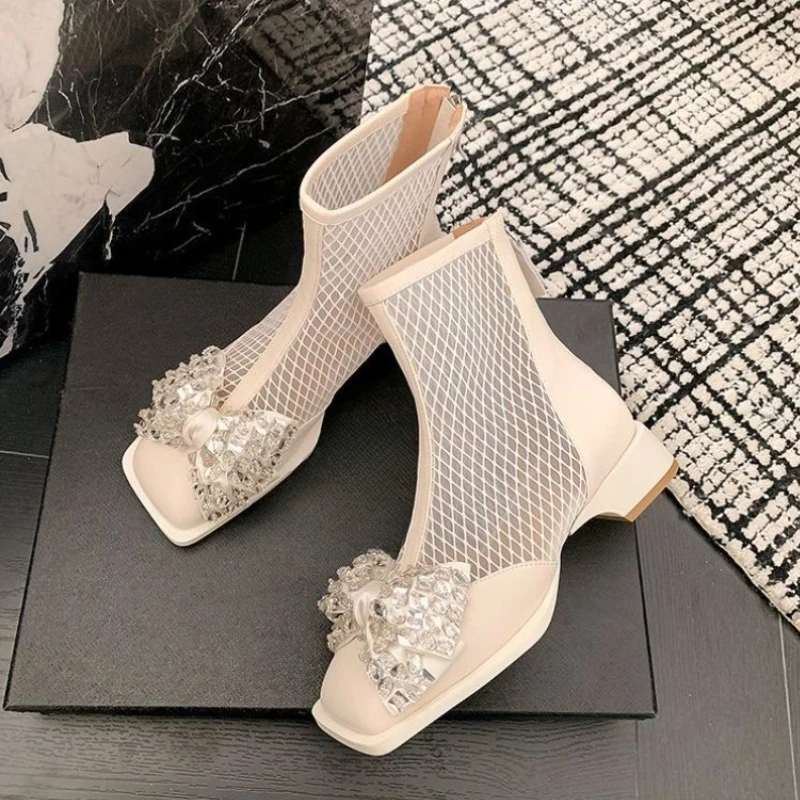 Footwear Rhinestone Women\'s Ankle Boots Mesh Booties Elegant with Low Heels Short Shoes for Woman Sandals Comfortable Boot Sale