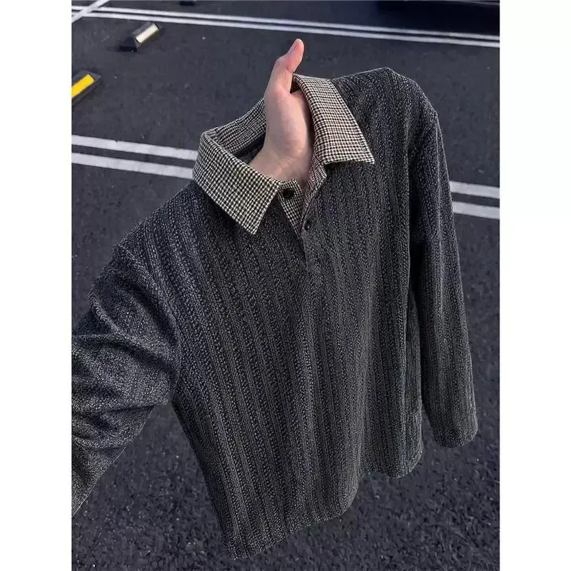 Men's Contrast Plaid Collar Textured Knit Polo Shirt Loose Casual Long Sleeve Pullover Top