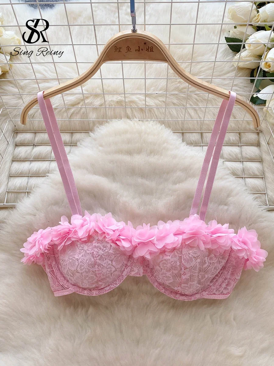 SINGREINY 2024 Sensual Mesh Lace Lingerie Three Pieces Sets Women Floral Strap Mini Bra+Thongs Hollow Out Sexy Underwear Suits