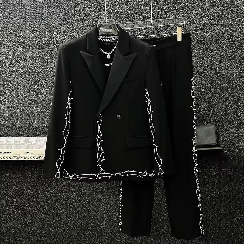 Men Suit Set Pearl Embroidered Casual Loose Fit Straight Leg Pants Korean Style Luxury Male Two Piece Outfit 21E5156