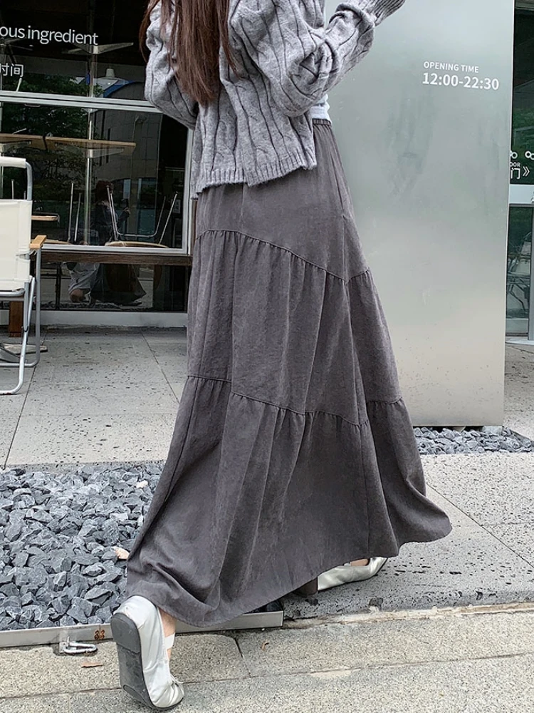 Qiukichonson Grey Maxi Long Skirt Women 2024 Korean Fashion Autumn Winter Casual High Waisted Ruffle Pleated Skirts 90cm rok