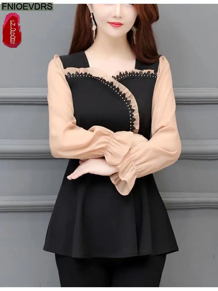 2022 Autumn Spring Basic Shirt Tunic Top Women Long Sleeve Elegant Office Lady Patchwork Ruffles Belly Design Peplum Top Blouses