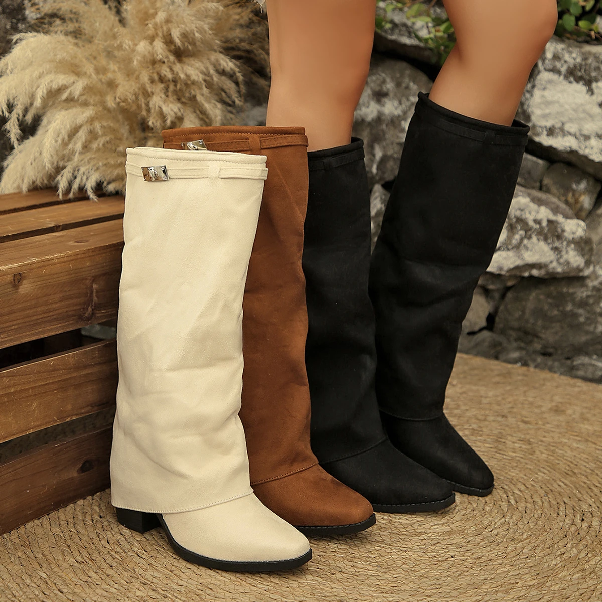 Damen Mode Faltbare Kniehohe Stiefel Winter Einfarbig Rutschfest Dickbesohlte Weitgeschnittene PU-Leder Mode-Stiefel Botas Mujer – Detail 2