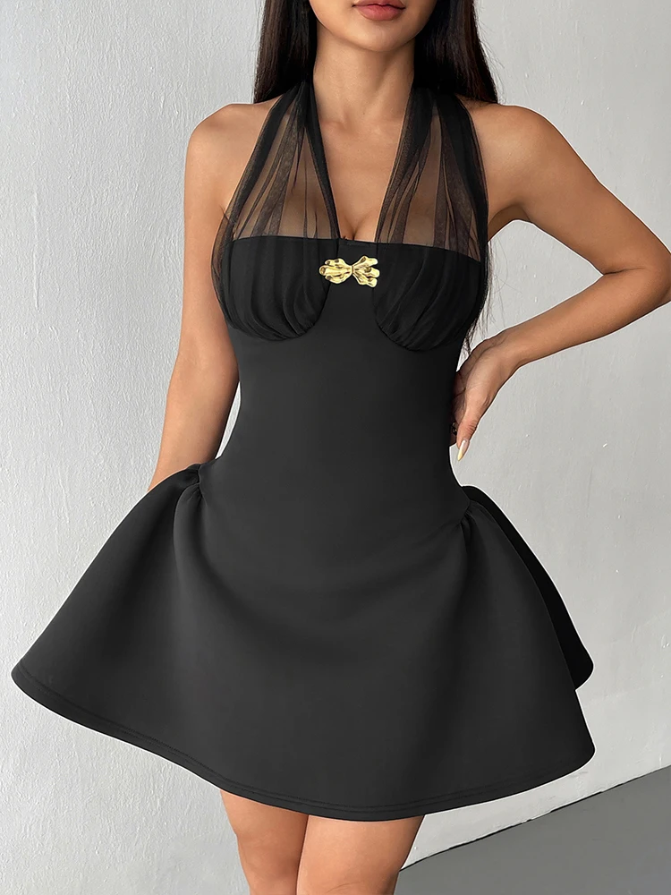 Mulheres a linha vestidos de verão streetwear moda casual magro halter vestido preto sexy sem costas ver através vestidos com decote em v roupas