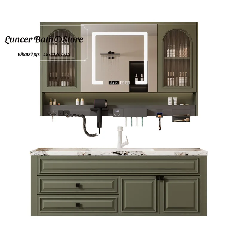 American bathroom cabinet combination rock slab seamless all-in-one basin french bathroom solid wood washbasin