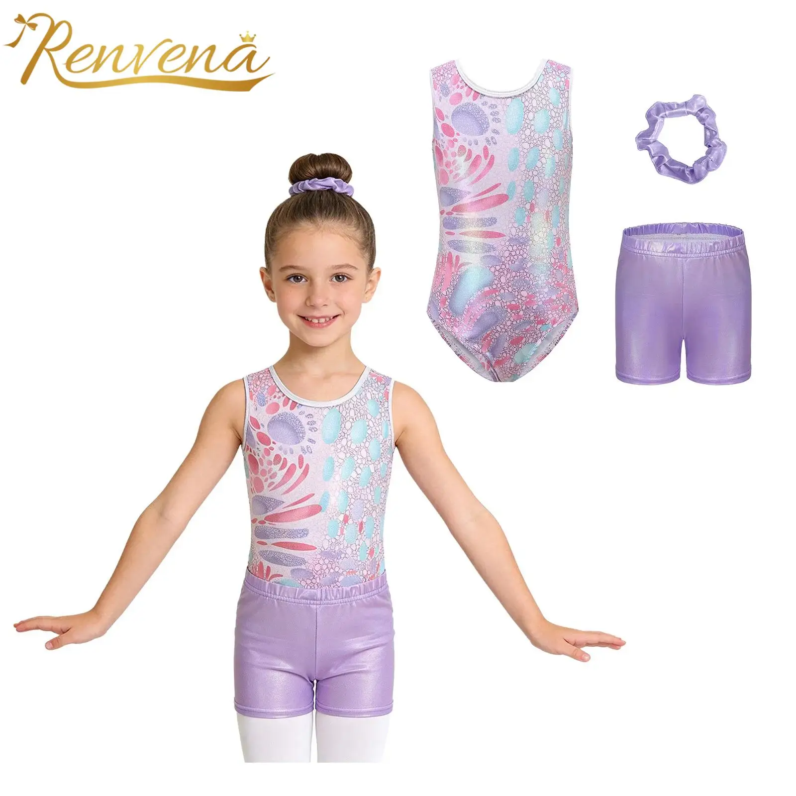 

Kids Ballerina Stage Clothes Girls Gymnastics Bodysuits Ballet Dance Outfit Geometric Printed Metallic Leotard with Skirt
