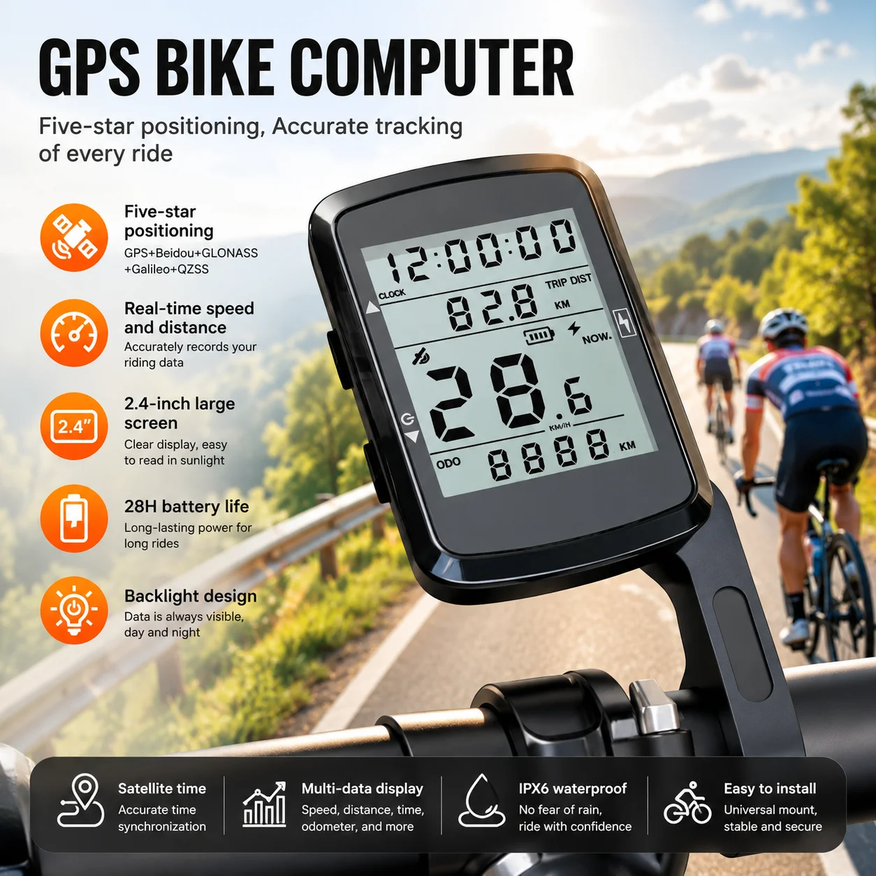GPS Kabelloser Wasserdichter Fahrradcomputer USB-Aufladbarer Fahrrad-Tachometer Kilometerzähler für Rennräder & Mountainbikes