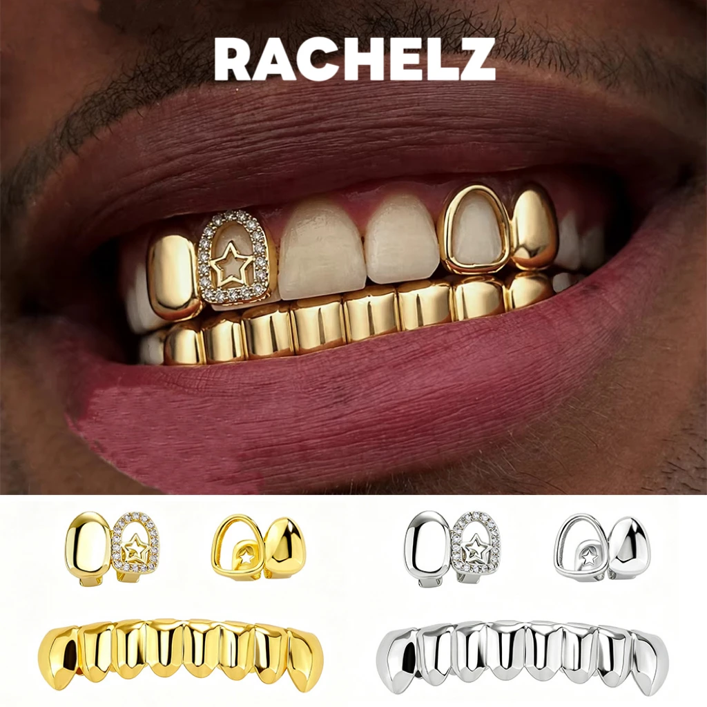 RACHELZ Vintage 3PCS/Set Hollow Star Teeth Grillz Hip Hop Glossy 8 Bottom Tooth Caps For Women Men Jewelry Unisex Dental Grills