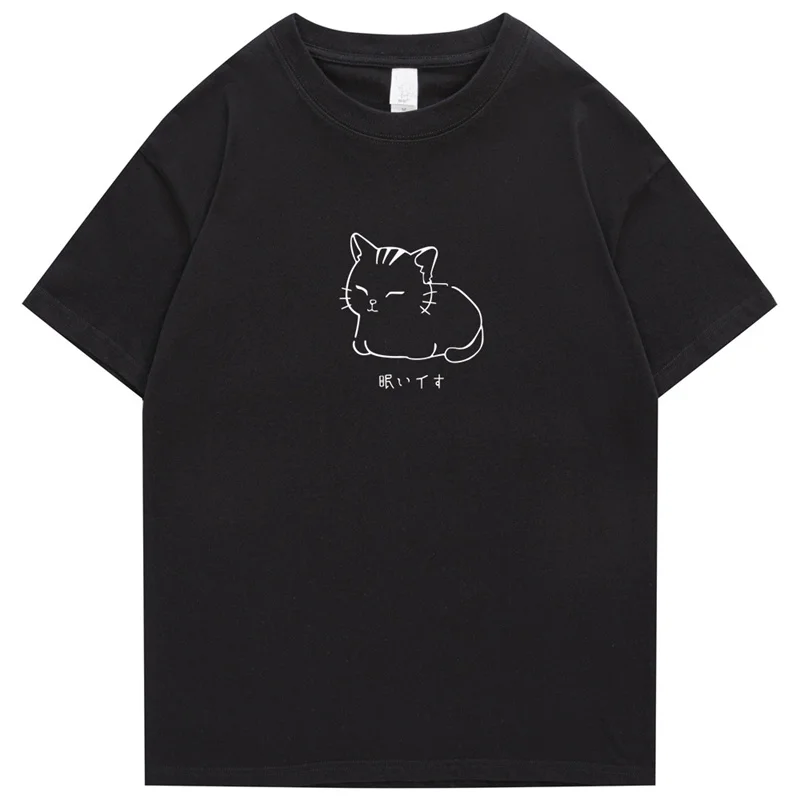 、Hip Hop T-Shirt Men Streetwear Japanese Kanji Funny Cat Printed T Shirt 2023 Men Harajuku Cotton Casual Short Sleeve Tshirt Top