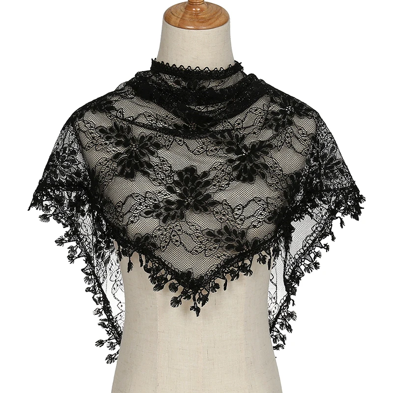 New Embroidered Lace Triangle Scarf Prayer Veil Church Hijab Floral Tassel Shawl Wrap Woman Hijab Elegant All-Match Shawl