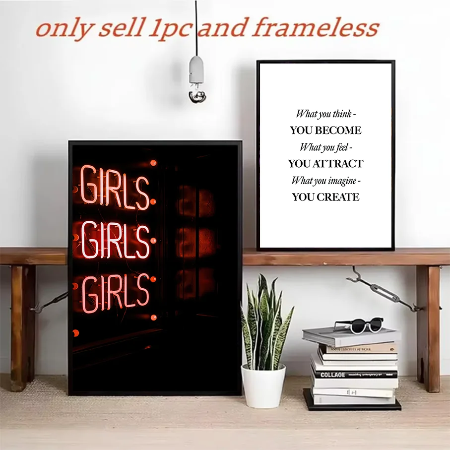 Frameless Canvas Print Girls Girls Girls Neon Wall Art What You Think You Become Baby Room Decor