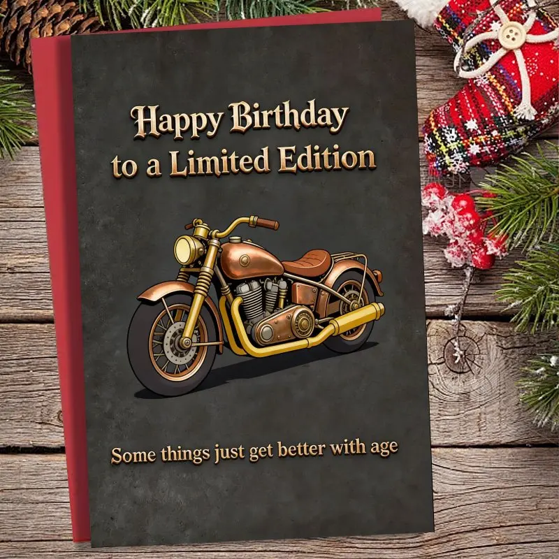 Carte de vœux + enveloppe, carte de vœux d'anniversaire avec un design vintage de moto en cuivre