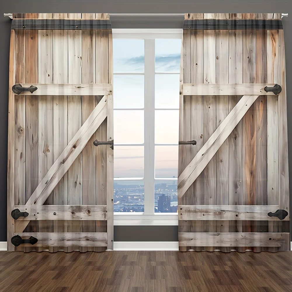 2PC Rustic Barn Door Curtains – Pocket Rod, Digital Print Polyester for Living Room, Kitchen, Bedroom, Study, Dining Room