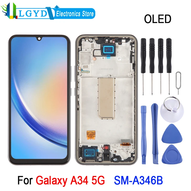 

OLED LCD Screen with Frame For Samsung Galaxy A34 5G SM-A346B LCD Display and Digitizer Full Assembly Repair Spare Part