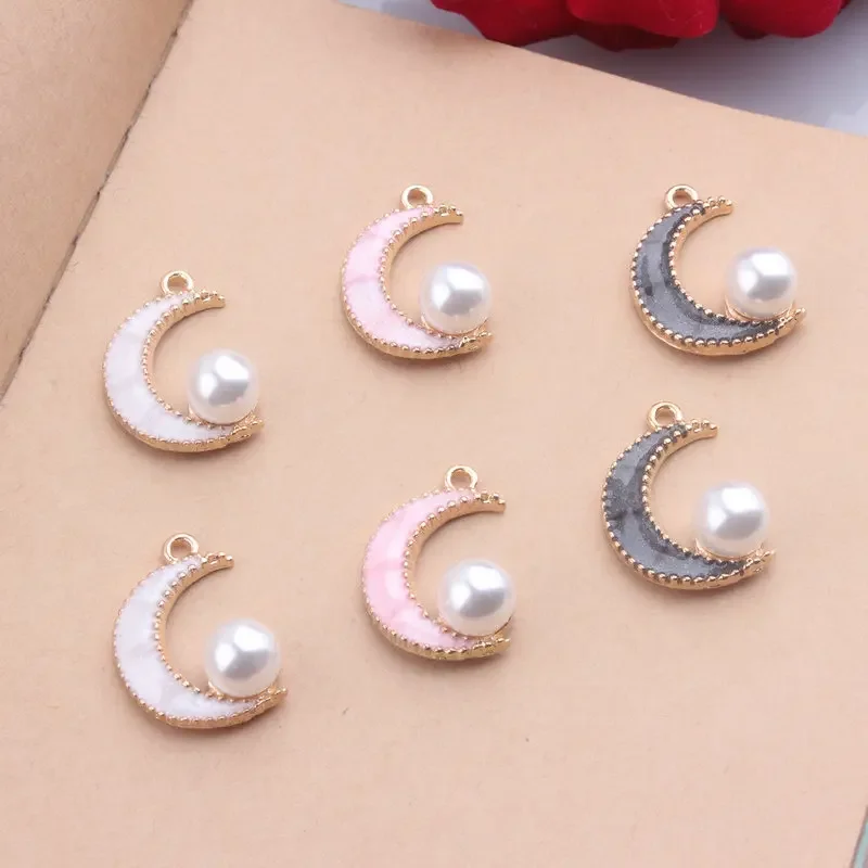 10pcs Enamel 18*25 Moon Charms Imitation Pearl Embellishment Pendant  Fit Brands Necklace Bracelet DIY Jewelry Making Accessory