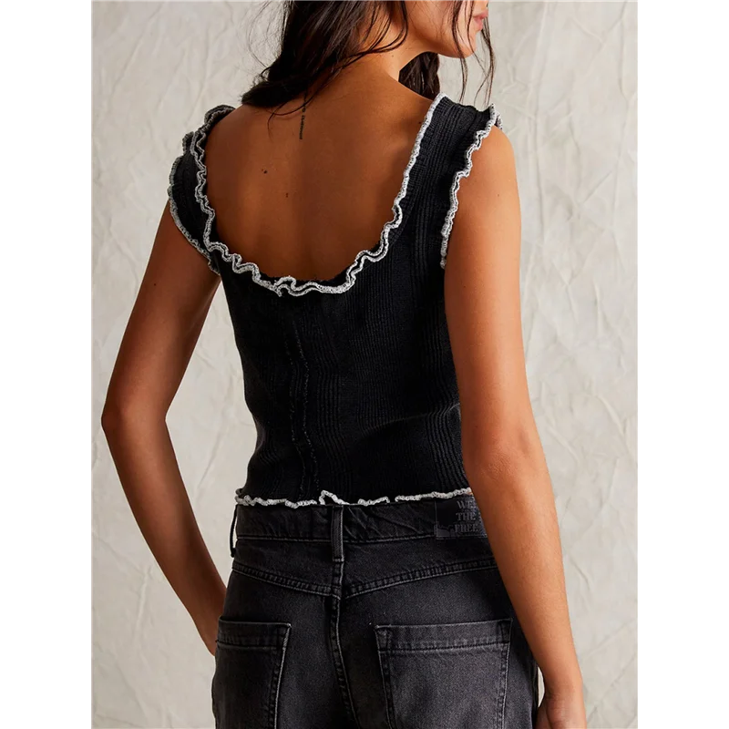 

AG-Women Trendy Summer Crop Tank Top Square Neck Sleeveless Wide Straps Knit Camisole Shirts