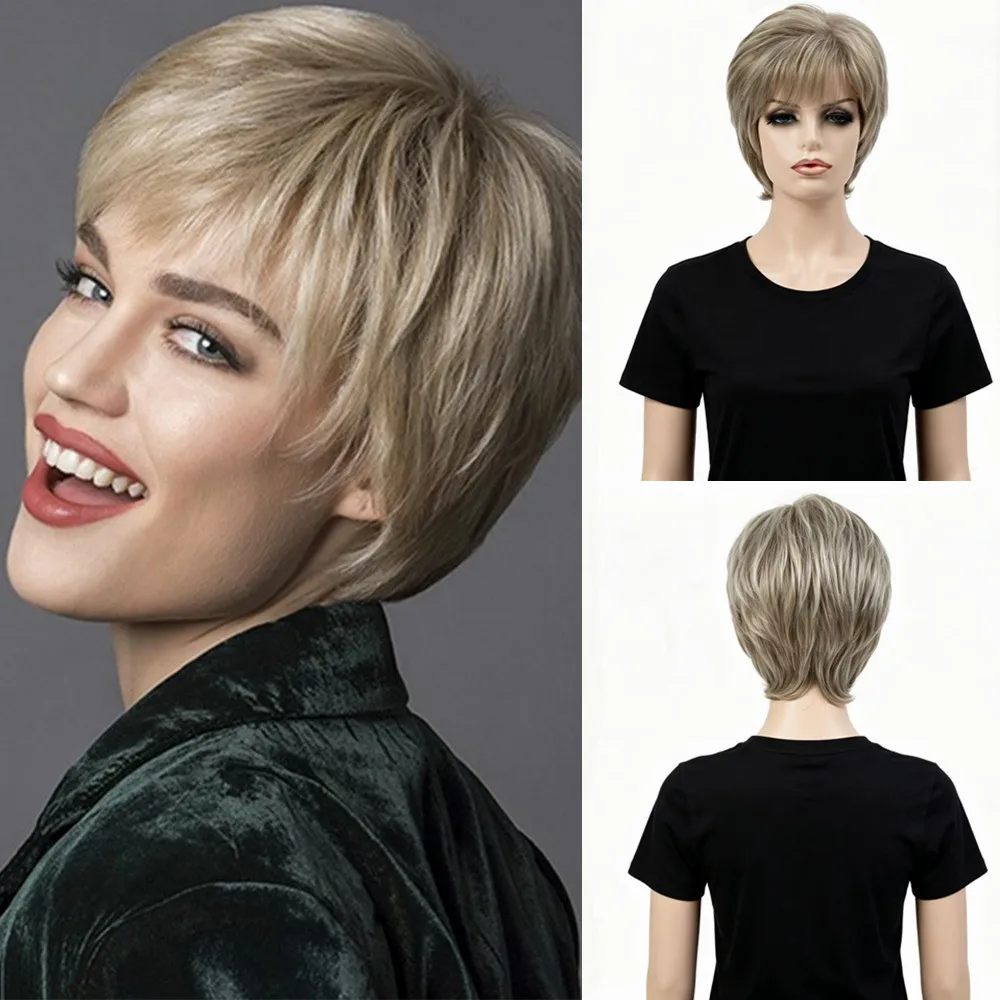 Short Layered Pixie Wig With Bangs Ash Blonde Mix Gray Heat Resistant Synthetic Wig Natural Daily Full Wigs For Older Women
