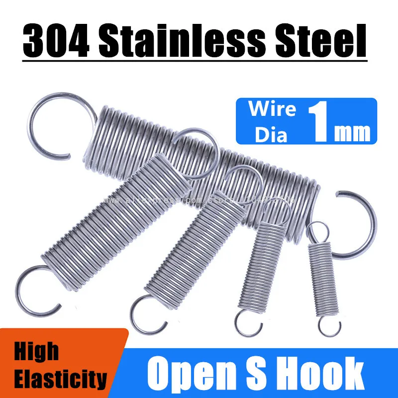 1mm Wire Diameter 304 Stainless Steel Open Hook Tension Spring S Hook Extension Spring Coil Pullback Spring Length 70-300mm