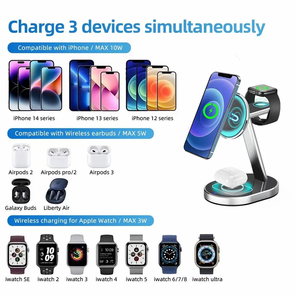 Magnetic Wireless Fast Charging Dock Station 3 in 1 Wireless Charger For iPhone 14 13 Pro Max Apple Watch SE 8 7 For Airpods Pro