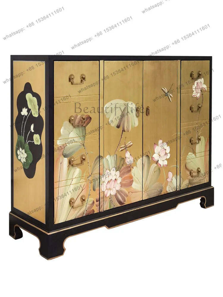New Chinese classical luxury gold foil large capacity multi-layer entrance cabinet decorative partition cabinet