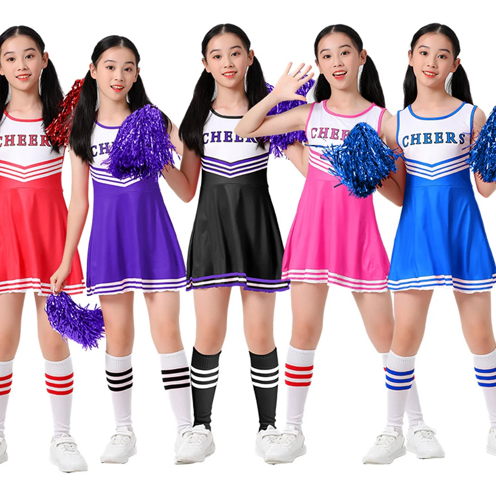 Cheerleading Dance Costume For Women Sleeveless V Neckline Letters Printed Crop Top With Pleated Skirt And 2Pcs Flower Balls