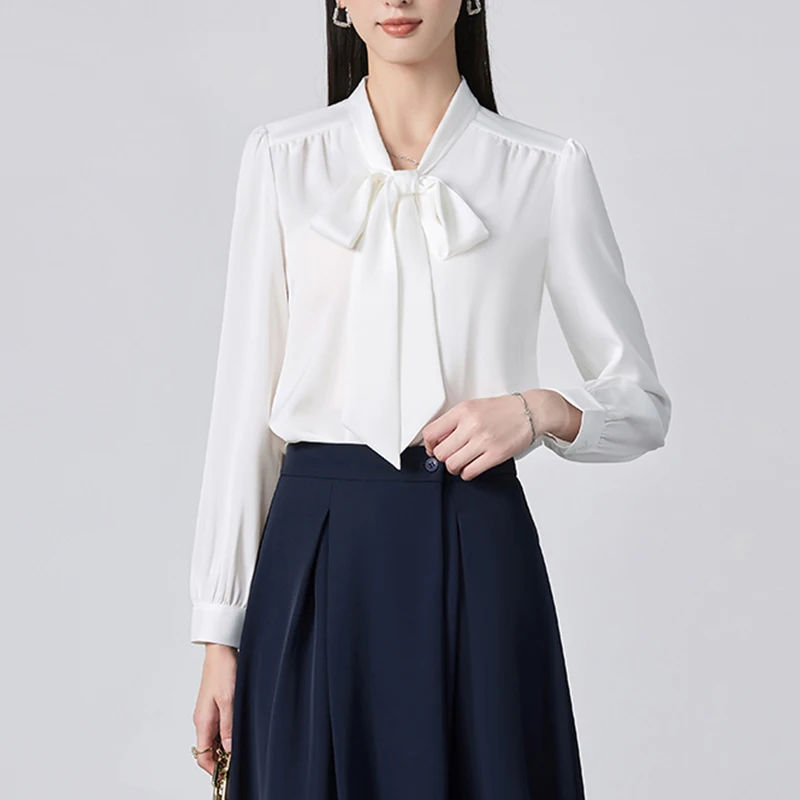 ZJYT Elegant Ladies Bow Collar White Shirts & Blouses Women Long Sleeve Office Camisas e Blusas Female Tops Spring 2025 Designer