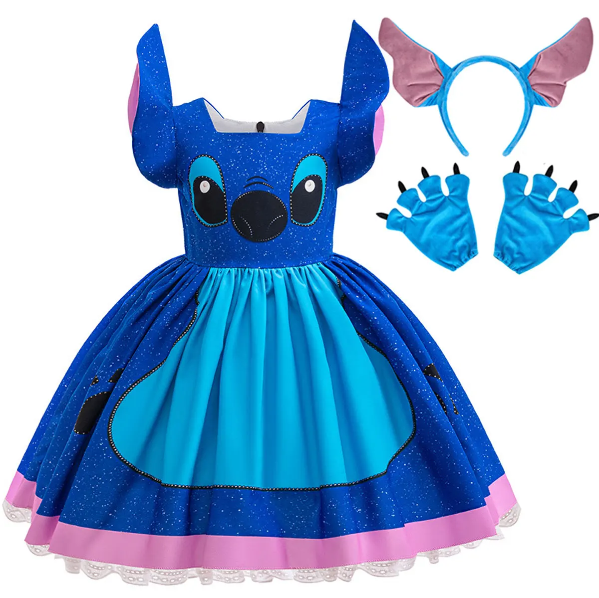 Disney Lilo und Stitch Cosplay-Kleid für Mädchen im gleichen Stil, Halloween-Partykleid + Accessoires, sommerliches, kurzärmeliges, flauschiges, süßes Kleid