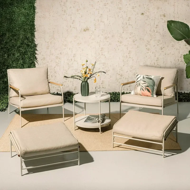 5 Piece Garden Furniture Set Steel Frame Outdoor Sofa with Imitation Wood Armrest Poolside Leisure Chair and Footstool for