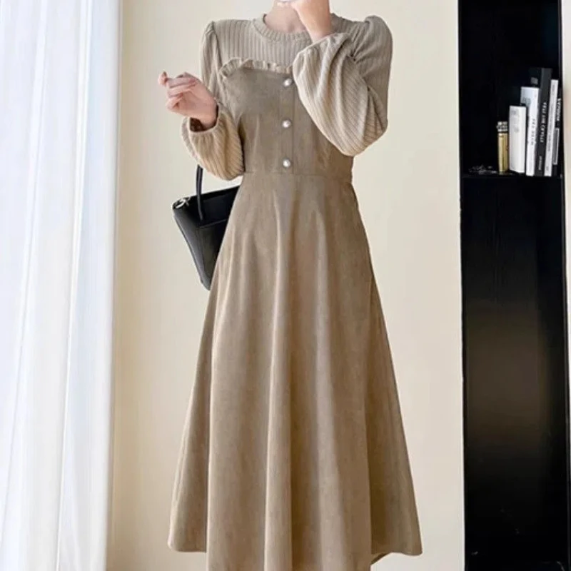 Hepburn Wind Light Core Velvet Splicing Fake Two Piece Dress for Women Gentle Long Dress French Interior Bottom Skirt