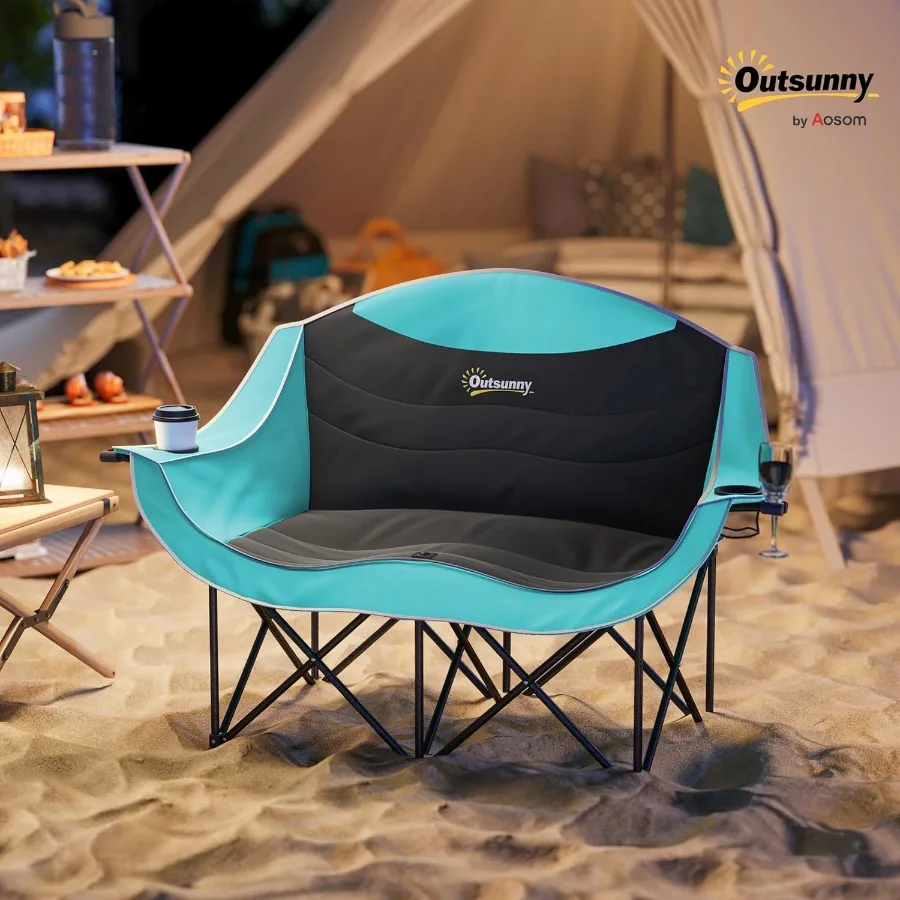 كرسي تخييم مزدوج للبالغين كرسي تخييم مبطن قابل للطي لشخصين مع مسند للذراعين حامل كأس للنبيذ وحقيبة حمل لـ