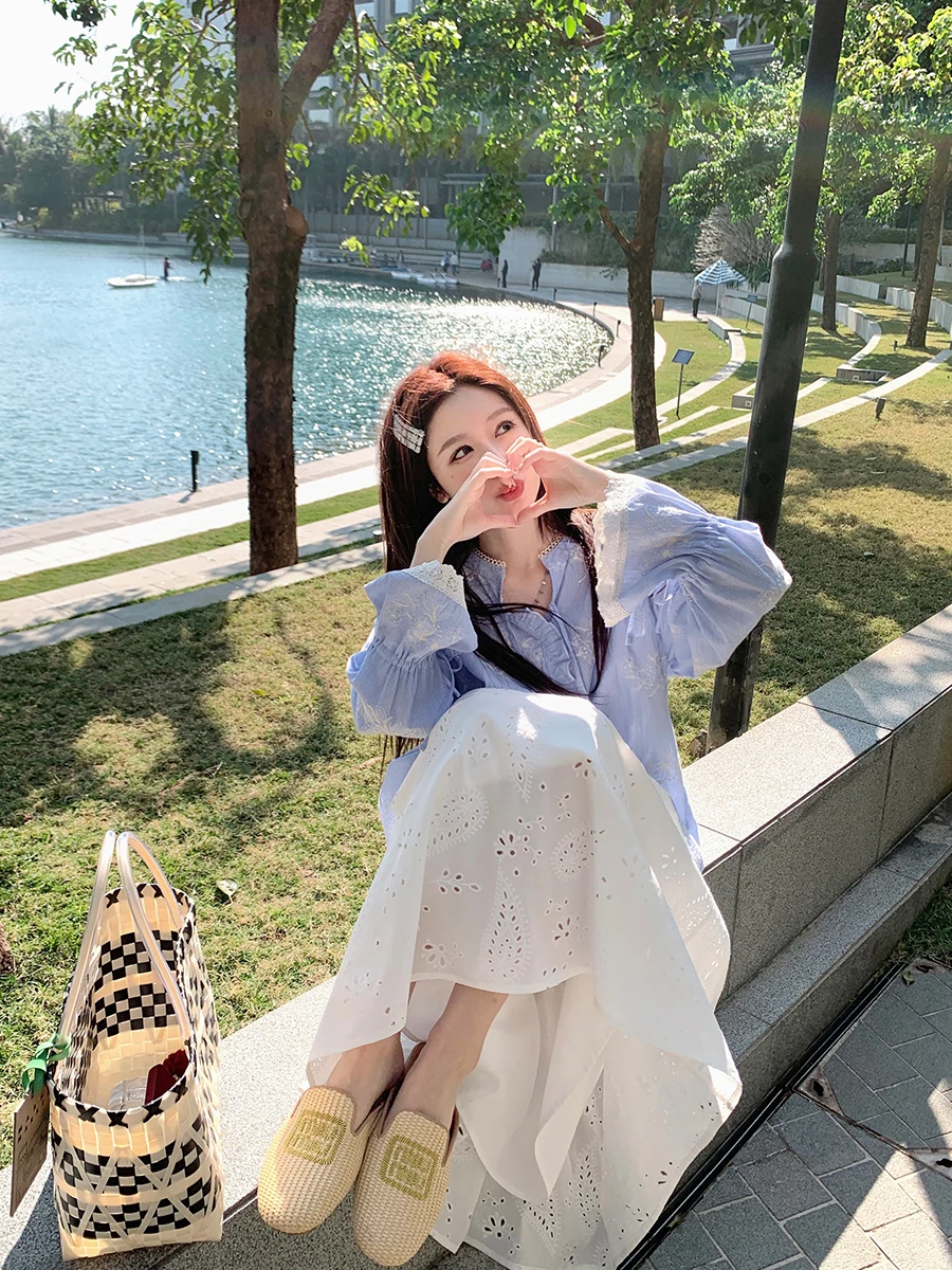 

Ele Floral Embroidery Women's irt Sweet Lace Trim Cotton Casual Busin V-Ne Long Sve Stand Fit Office Wear