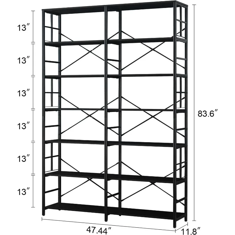 Double Wide 7-Tier Bookshelf,Industrial Bookcases with Metal Frame,Open Large Storage Bookshelves,Wood Style and Metal Tall