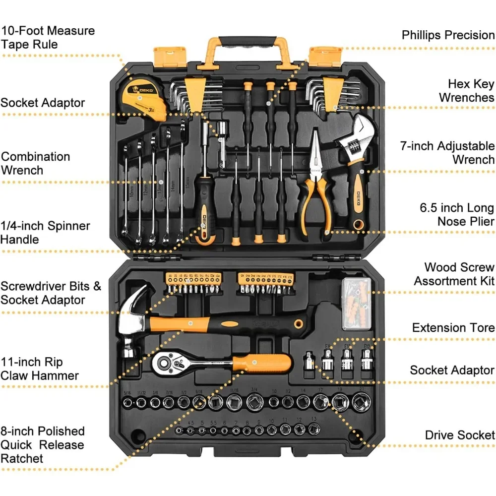 128 Piece Tool Set-General Household Hand Tool Kit, Auto Repair Tool Set, with Plastic Toolbox Storage Case