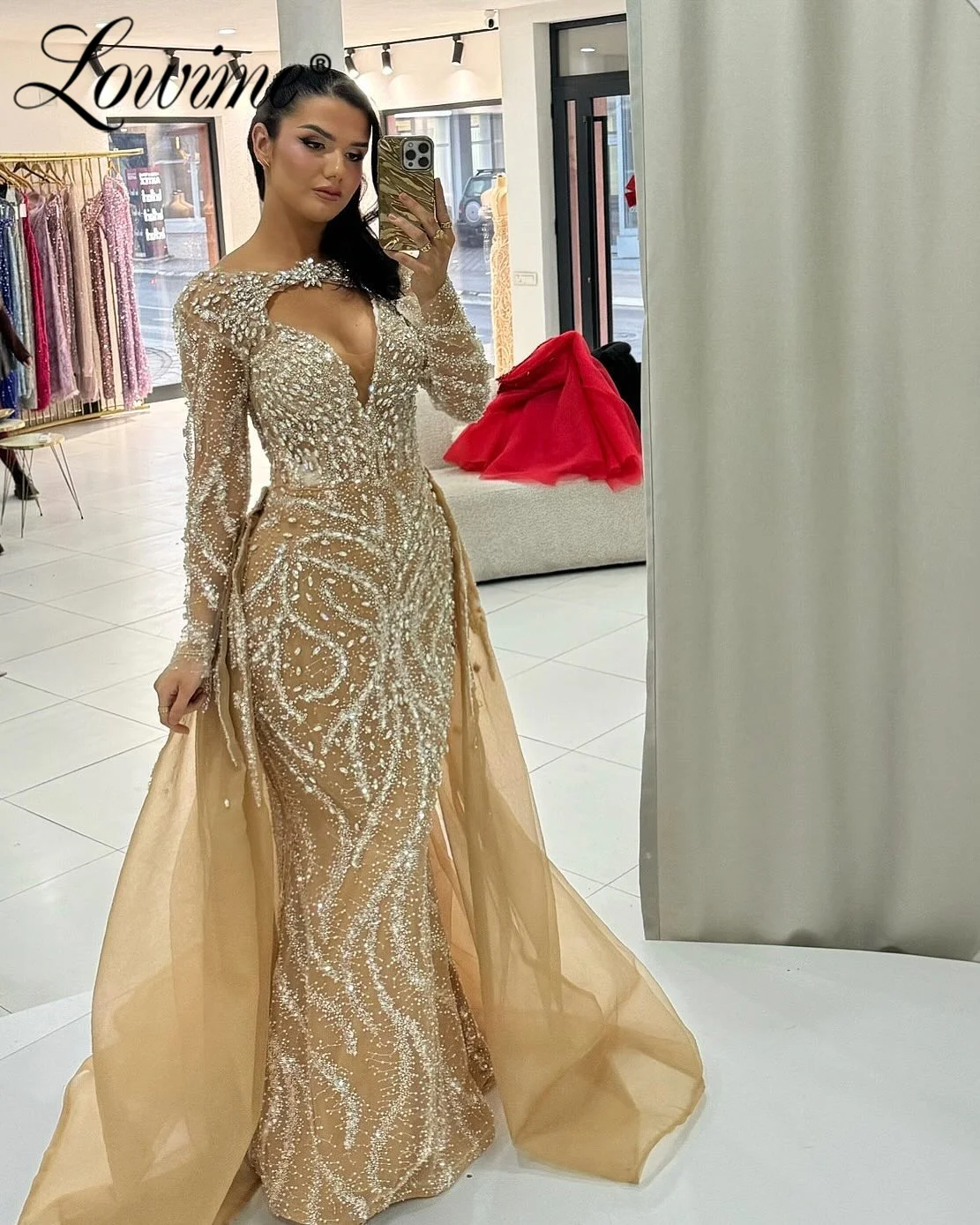 

Dubai Arabic Champagne Prom Dresses With Crystals Long Sleeves Evening Gowns Mermaid Customized Party Dress Vestidos De Noche