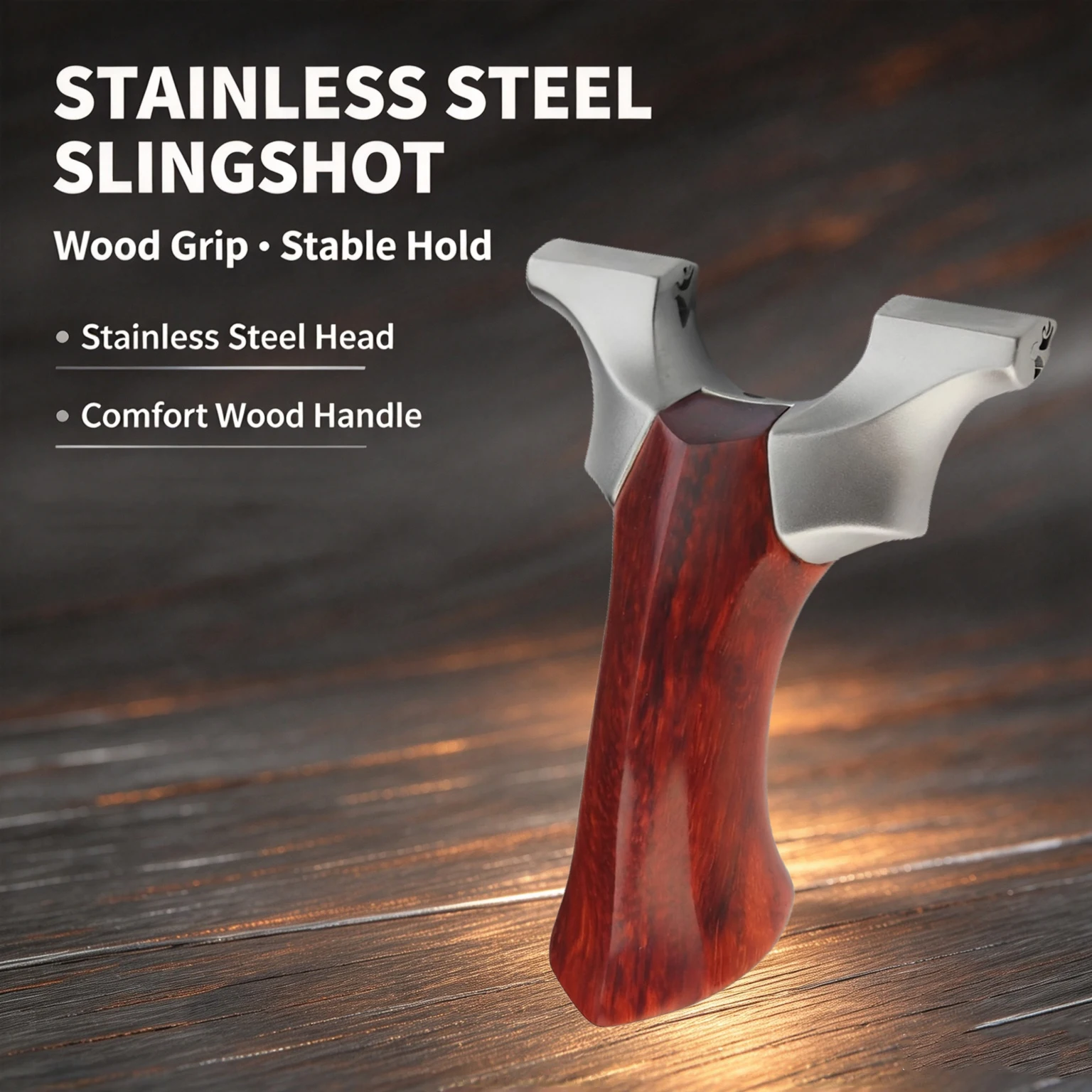 Stainless Steel Y-Shaped Slingshot with Serrated Top Clamp & Wood-Grain Handle for Outdoor Target Practice