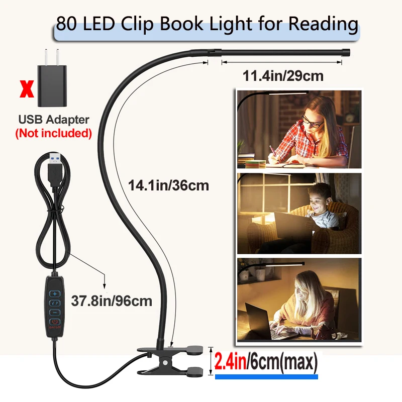 

80LED Clip Book Light 3 Color Temp 3000K 4500K with Infinite Dimming 360° Flexible Goose-Neck USB Powered for Reading Office