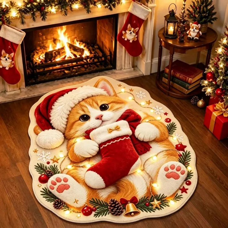 VIKAMA Orange Cat Stocking Lights Snow Bath Mat Warm Insulating Non Slip Entryway High Traffic Modern Farmhouse Home Decor