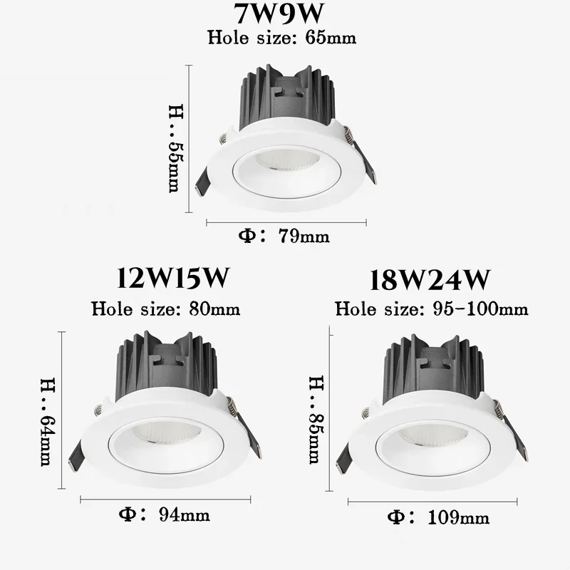 Imagem -05 - Projectores Led Embutidos Anti-reflexo Reguláveis Luz de Teto sem Luz Principal Cob Downlight Iluminação Comercial 7w 9w 12w 15w 18w