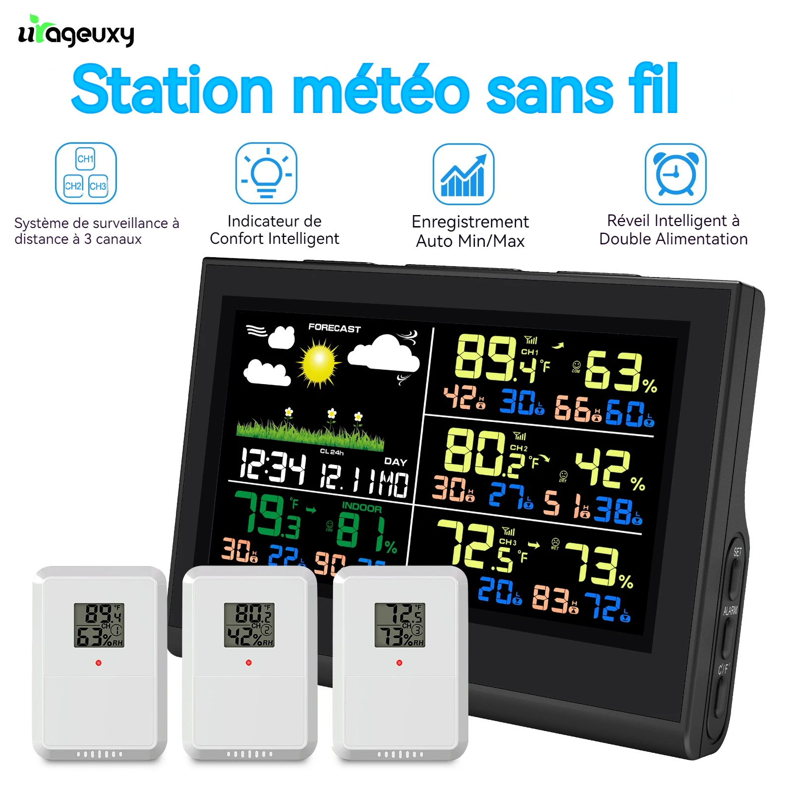 Station météo intelligente sans fil avec 3 capteurs, grand écran couleur, thermomètre et hygromètre numérique intérieur et extérieur pour le bureau et la maison
